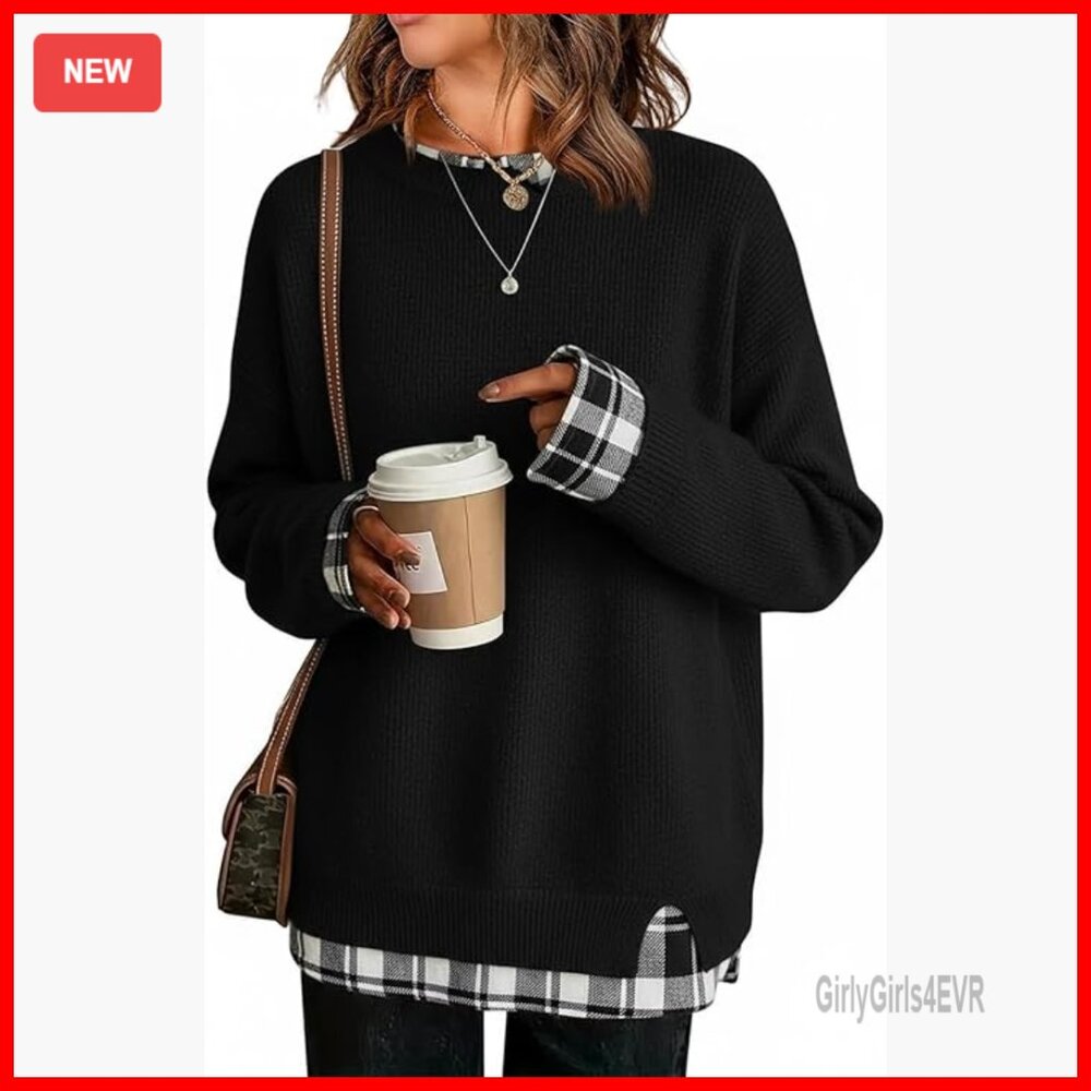 Oversized Patchwork Knit Sweater, Long Sleeve Cre… - image 1